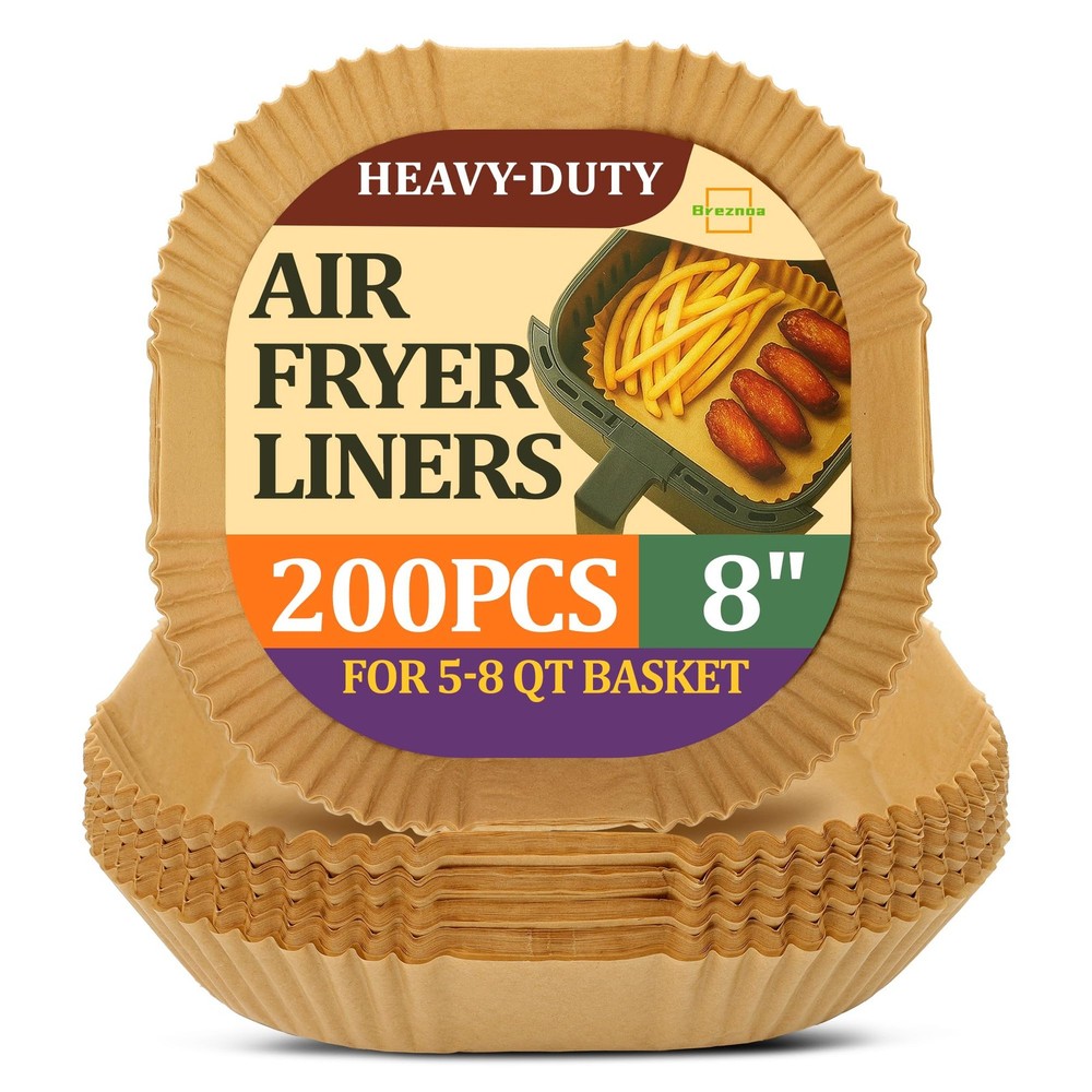 Breznoa Air Fryer Paper Liners, 200 Pcs 8" Square 200Pack, Natural Brown