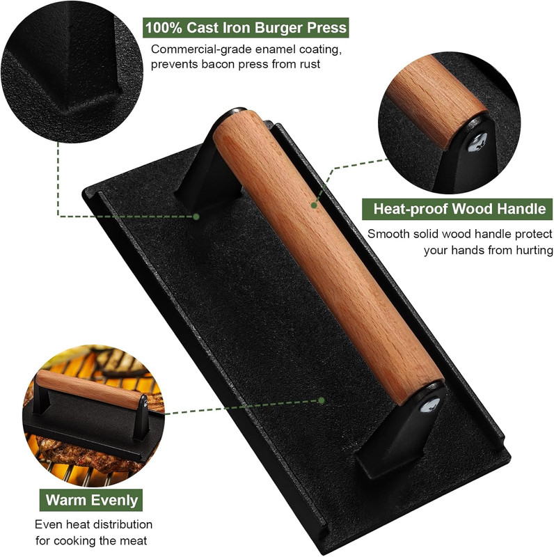 Burger Press, 7" round & 8.2"X4.3" Rectangle Heavy-Duty Cast Iron Smash Bacon Pr gallery