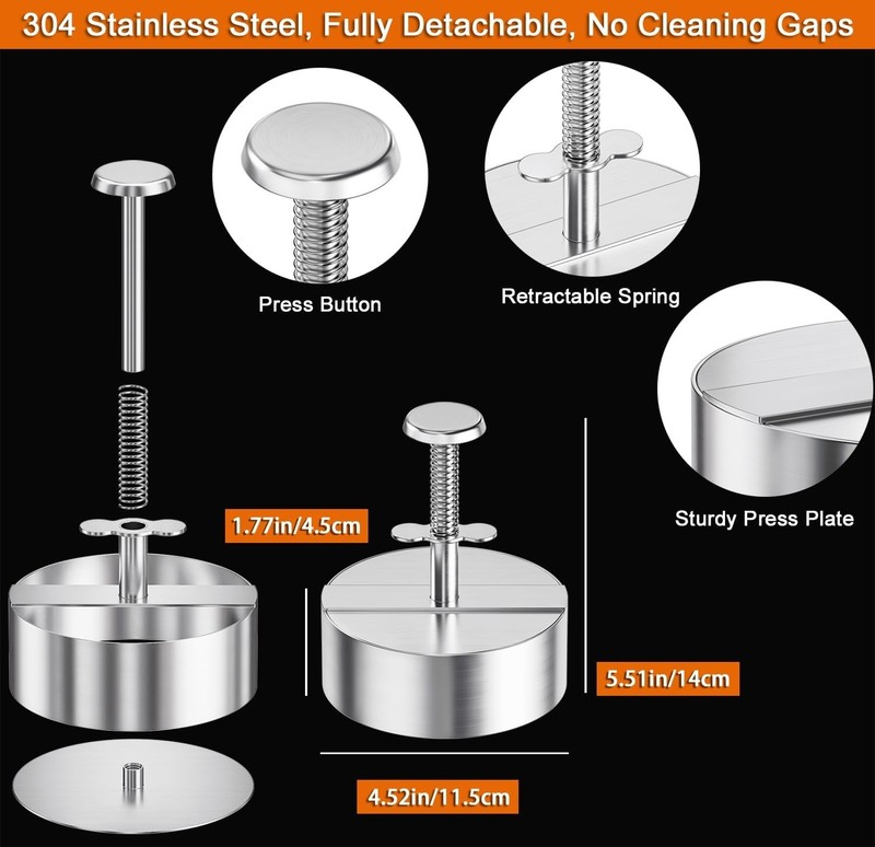 Burger Press 304 Stainless Steel, 4.5" Patty Maker with Non-Stick Mold & Spring gallery
