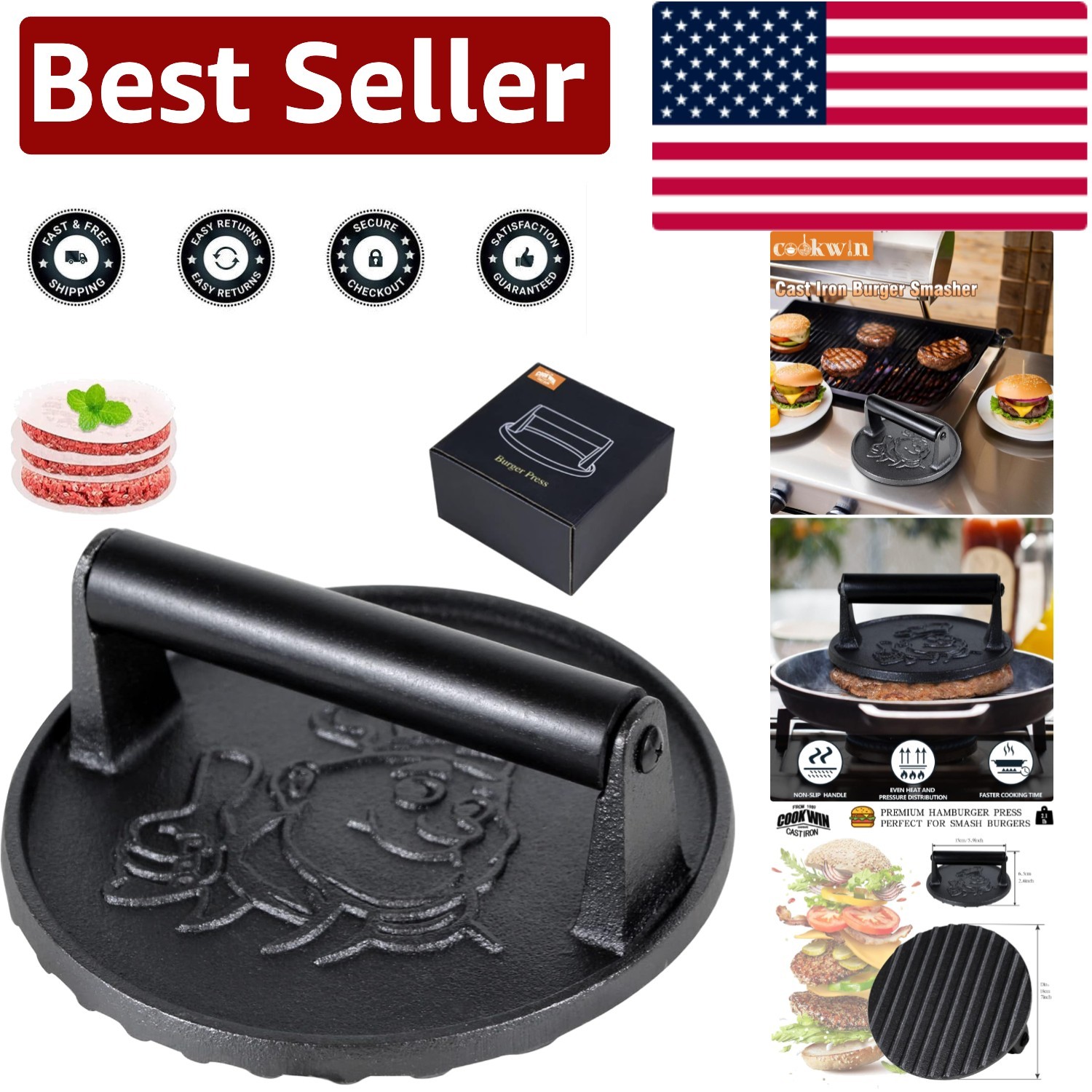 Professional 7-Inch Smash Burger Press with 50 Patty Paper - Ideal for Grilling gallery