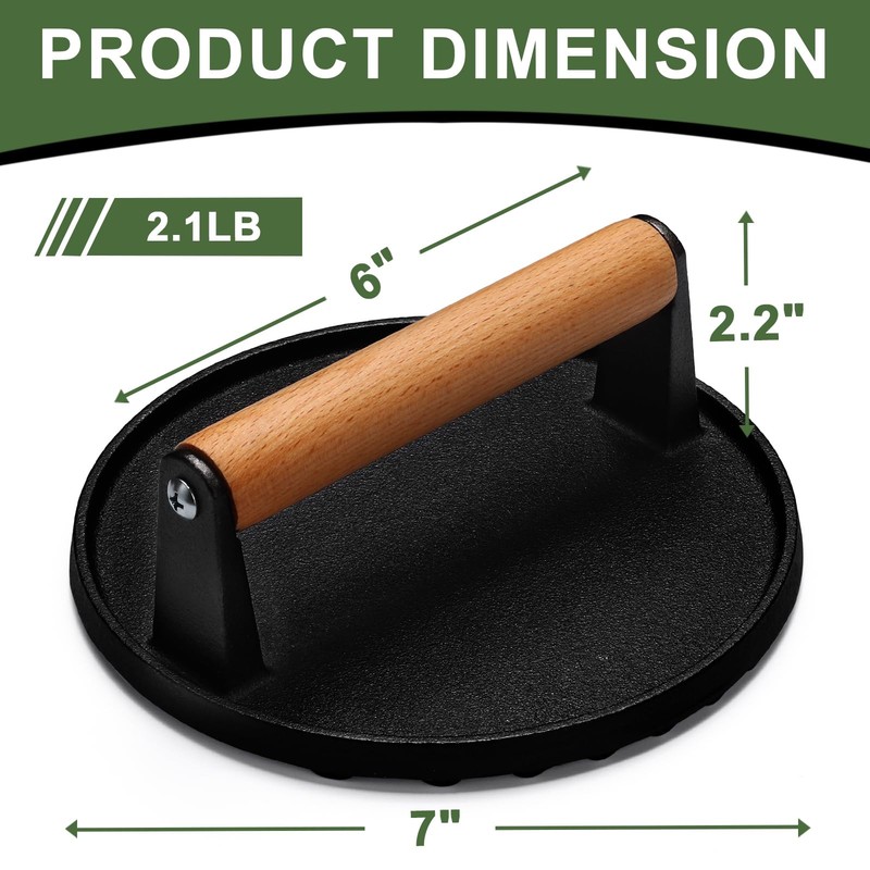 Burger Press, 7" Round Heavy-Duty Cast Iron Smash Bacon Press Meat Steak with... gallery