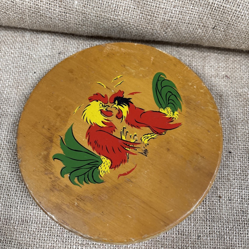 Painted Rooster Wooden Hinged Hamburger Press Vintage