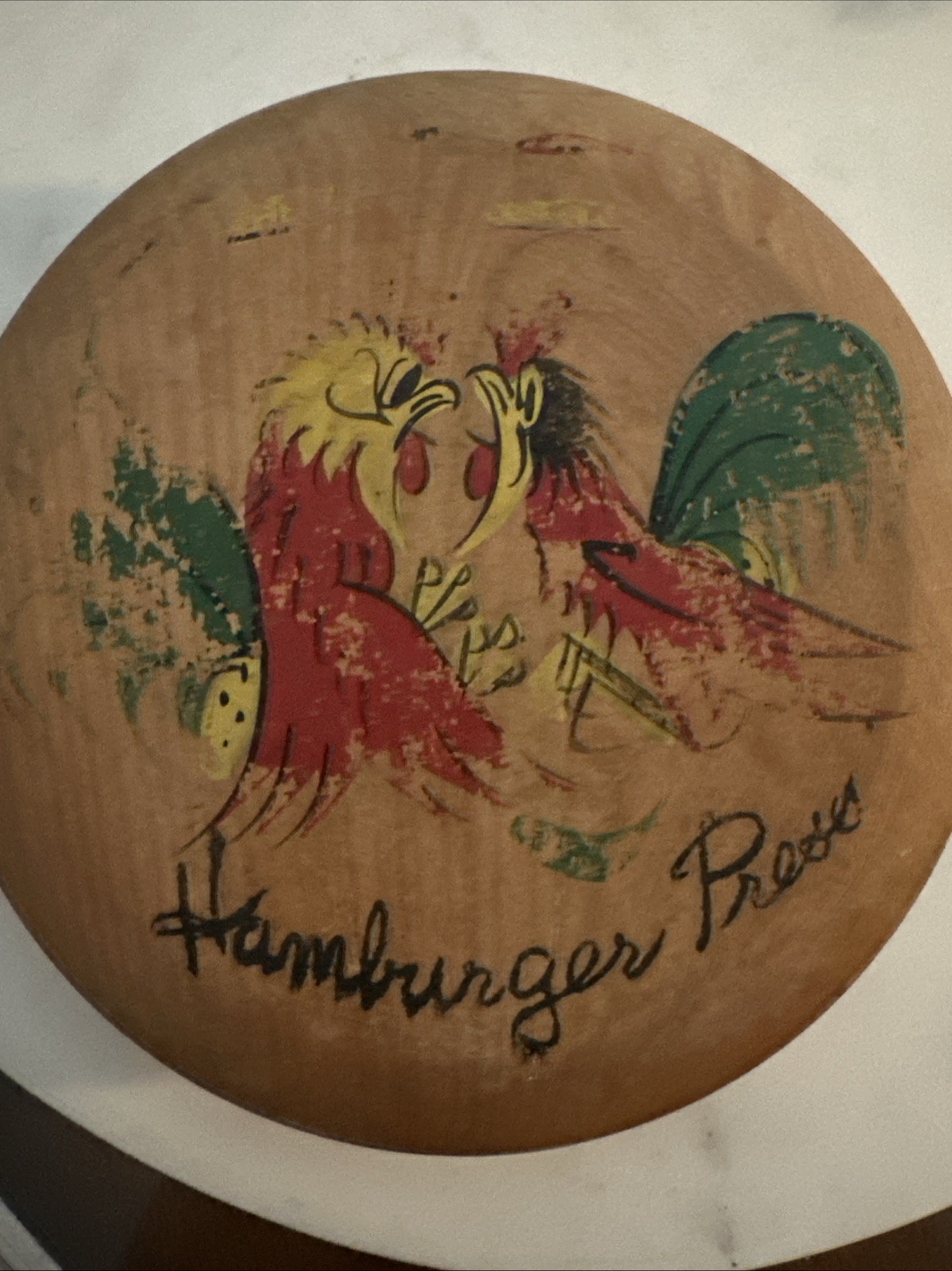 Hamburger Press - Rooster Design - VTG Wooden Round gallery