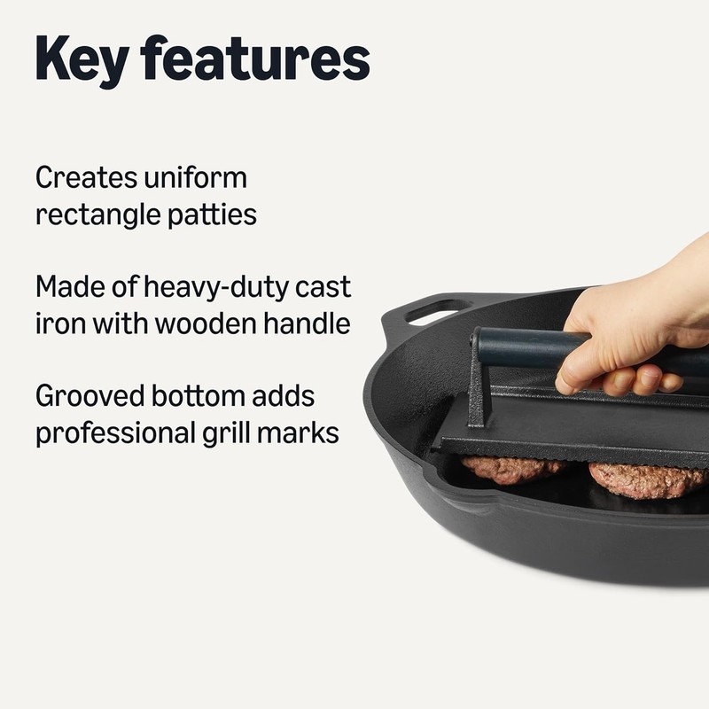 Cast Iron Burger Press Rectangle Grill Press Bacon Press Wood Handle 8.11 gallery