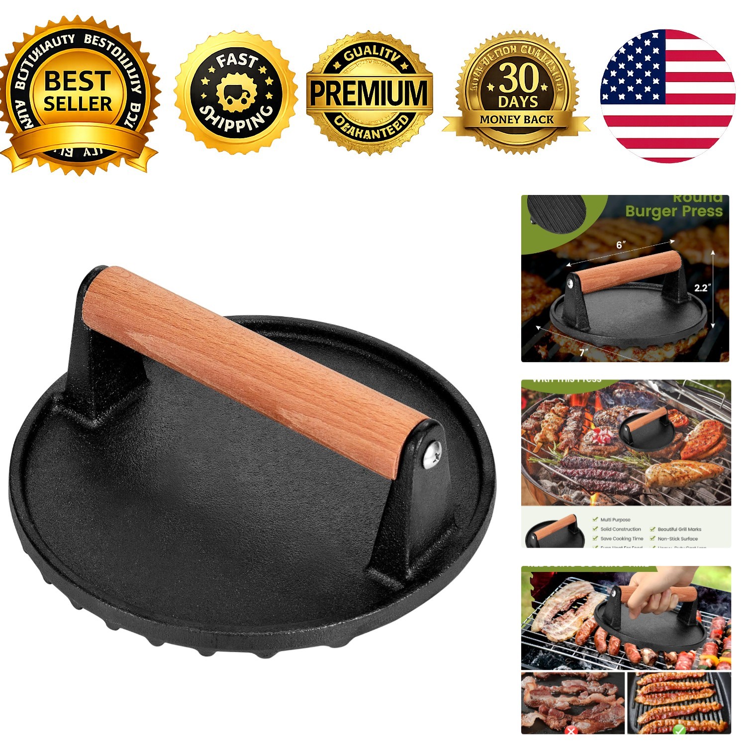 Smashed Burger Press, 7” Round Heavy-Duty Cast Iron Smash Meat Steak with Woo... gallery