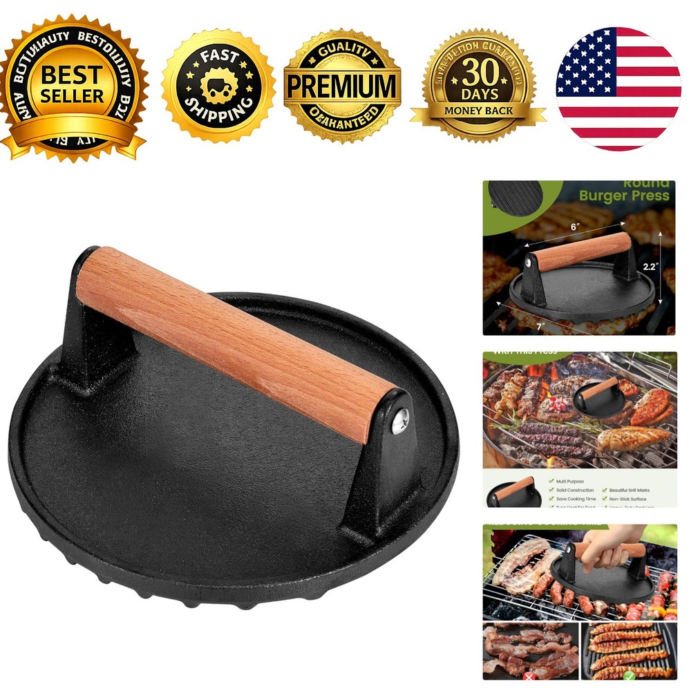 Smashed Burger Press, 7” Round Heavy-Duty Cast Iron Smash Meat Steak with Woo...