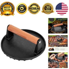 Smashed Burger Press, 7” Round Heavy-Duty Cast Iron Smash Meat Steak with Woo…