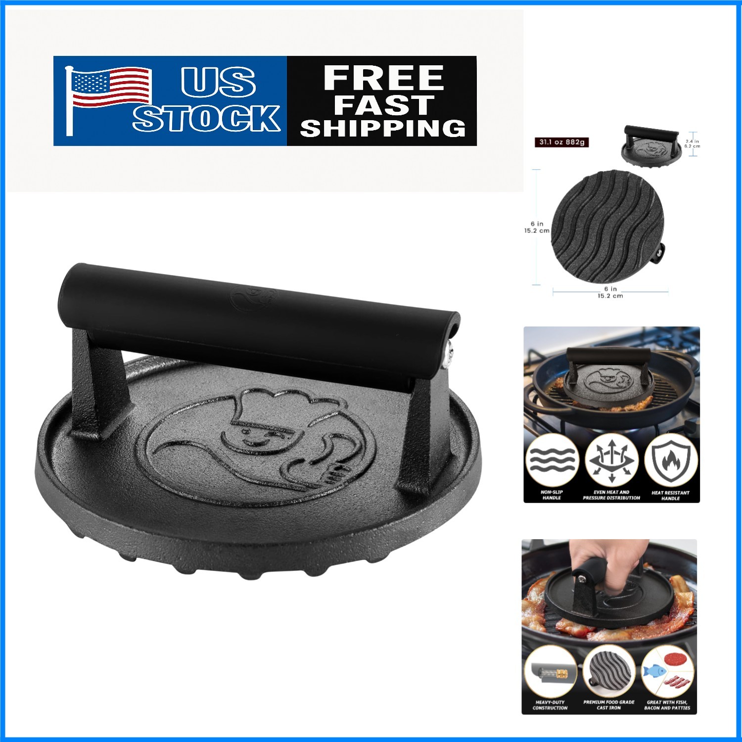 Compact 6" Cast Iron BBQ Smasher Tool - Achieve Flavors & Perfect Grilling Marks gallery