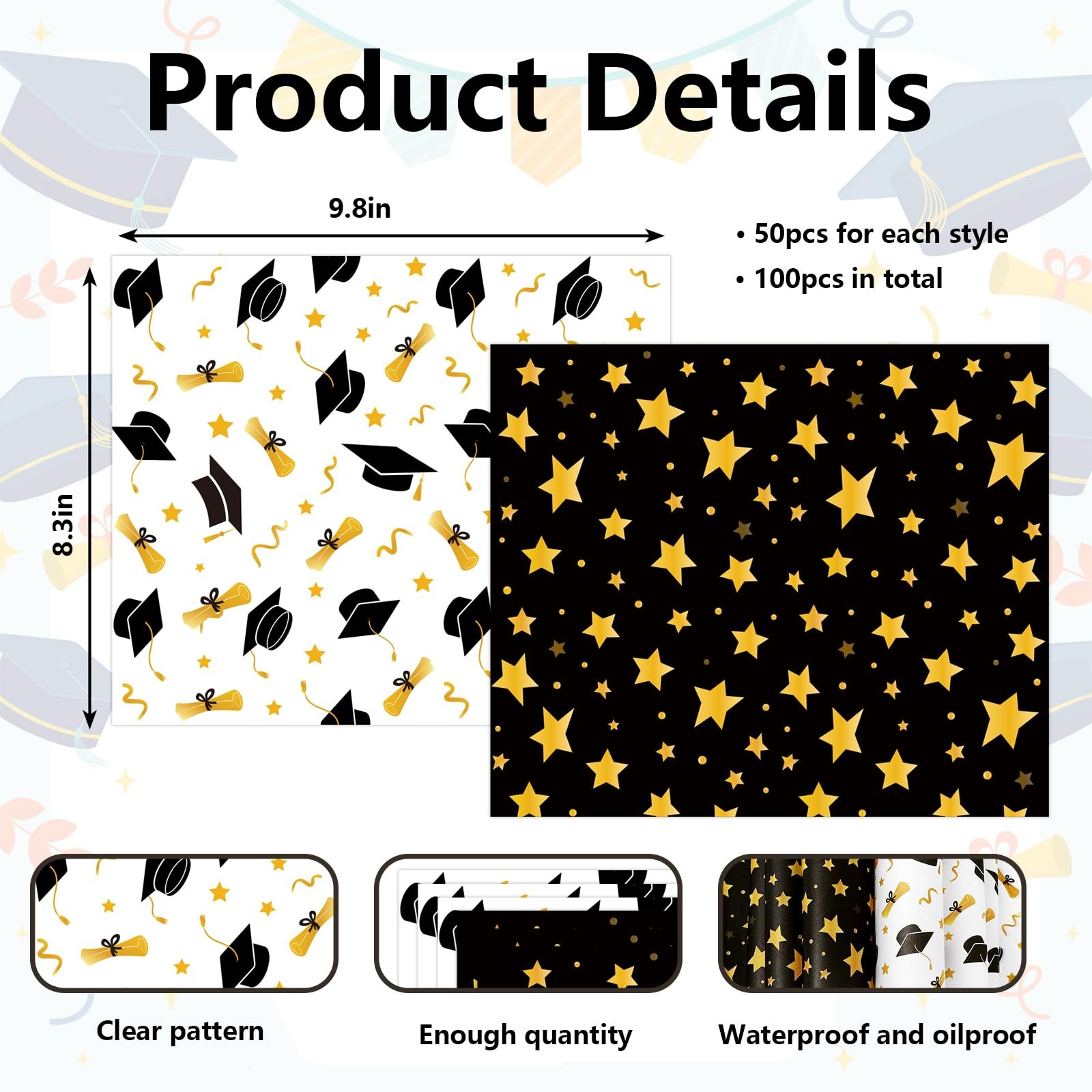 100 Pcs Graduation Wax Paper Deli Wrap Gold Black Graduation Cap Diploma Star Wa gallery