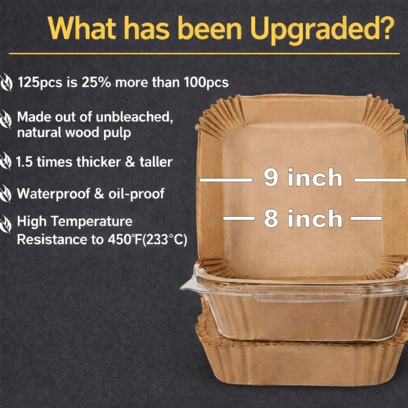 Air Fryer Liners Disposable – 125 pk 8" Unbleached Non-Stick Square 8", Tan gallery