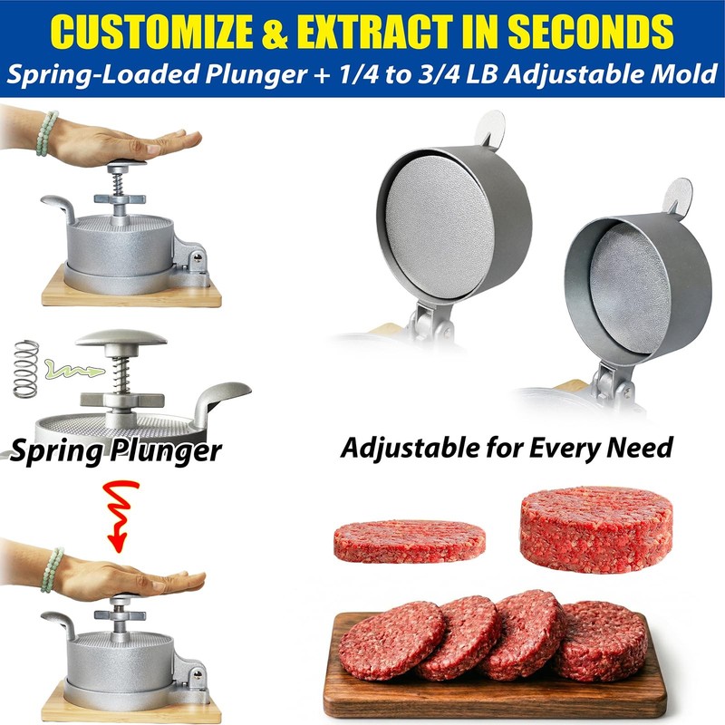 Heavy Duty Hamburger Press Patty Maker, Adjustable 1/4 to 3/4 lb Meat Mold, D... gallery
