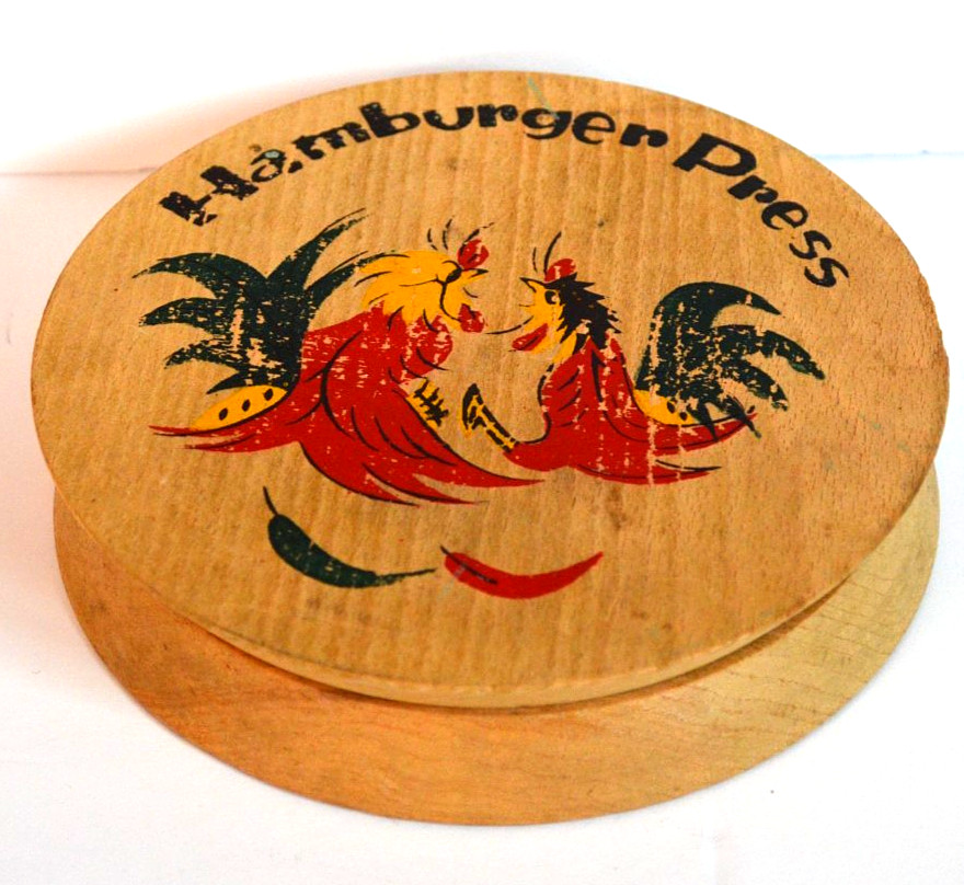 Wood Hinged Hamburger Press Hand Painted Fighting Roosters Vintage Japan 1950s gallery