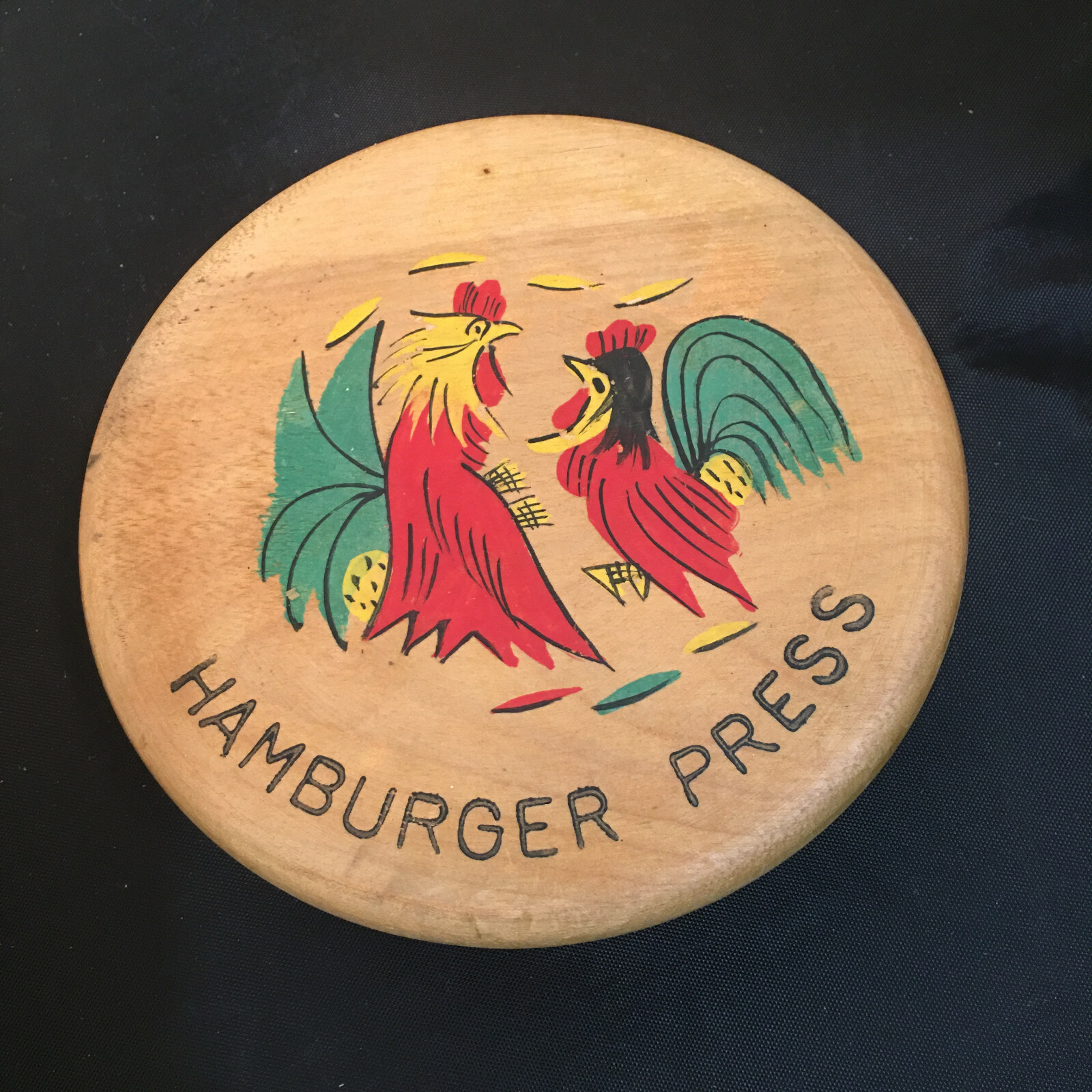 Wood Hinged Hamburger Press Hand Painted Fighting Roosters Vintage Japan 1950s gallery