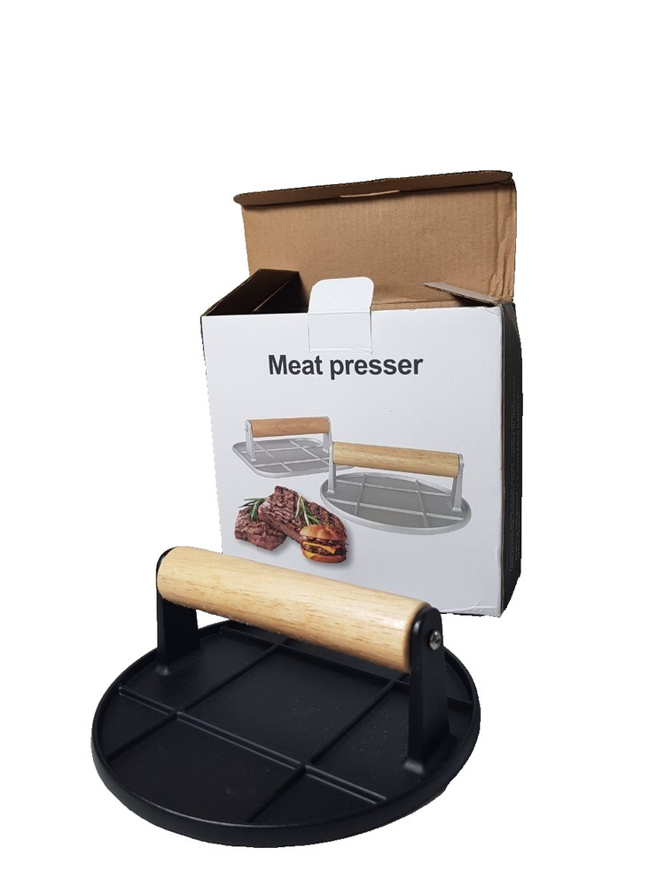 Heavy Duty Round Burger Press / Meat Presser - Cast Iron Grill Tool with Wood Ha
