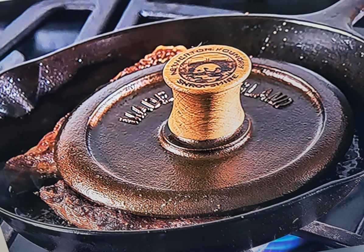 Netherton 7" Ridged Cast Iron Cooking Iron Steak BurgerPress with oak handle gallery