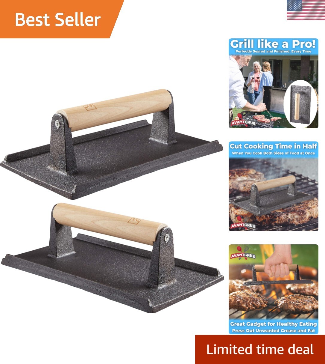 Pro Grade, Pre Seasoned Cast Iron Grill Weight 2Pk. Heavy Duty Steak and Burg... gallery