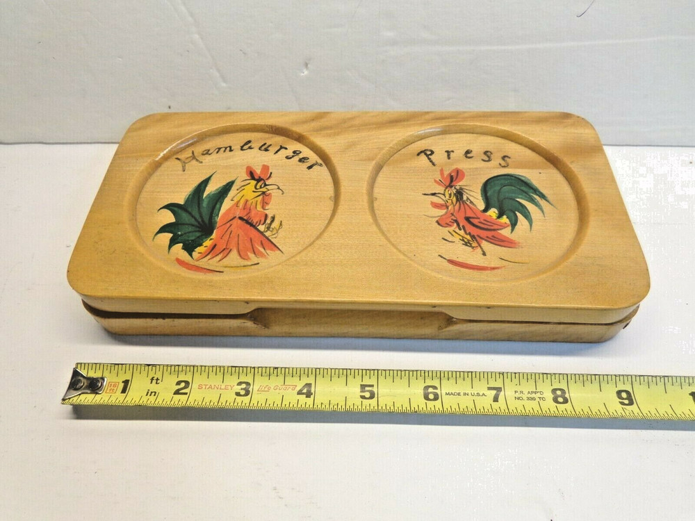 Vintage Wooden DOUBLE Hamburger Press - Roosters - Mid Century "Chrissy" Japan