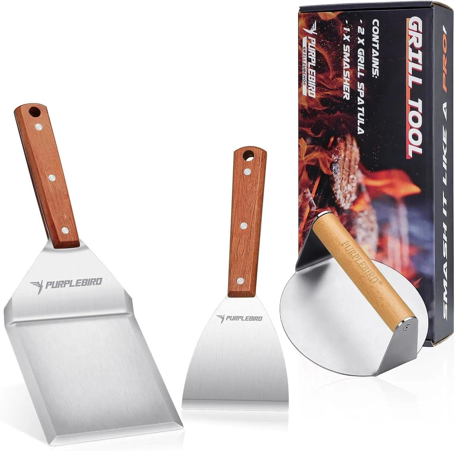 PURPLEBIRD Smash Burger Press Kit 3PCS Set, Stainless Griddle Spatulas Set with gallery