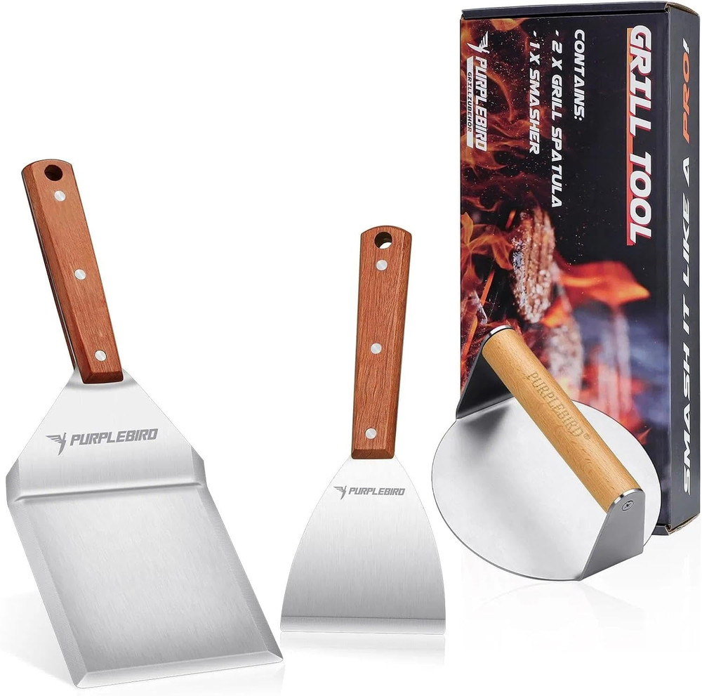 PURPLEBIRD Smash Burger Press Kit 3PCS Set, Stainless Griddle Spatulas Set with