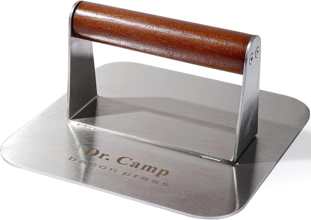 7 Inch Stainless Steel Burger Press with Real Wood Handle Heavy Duty Bacon Press