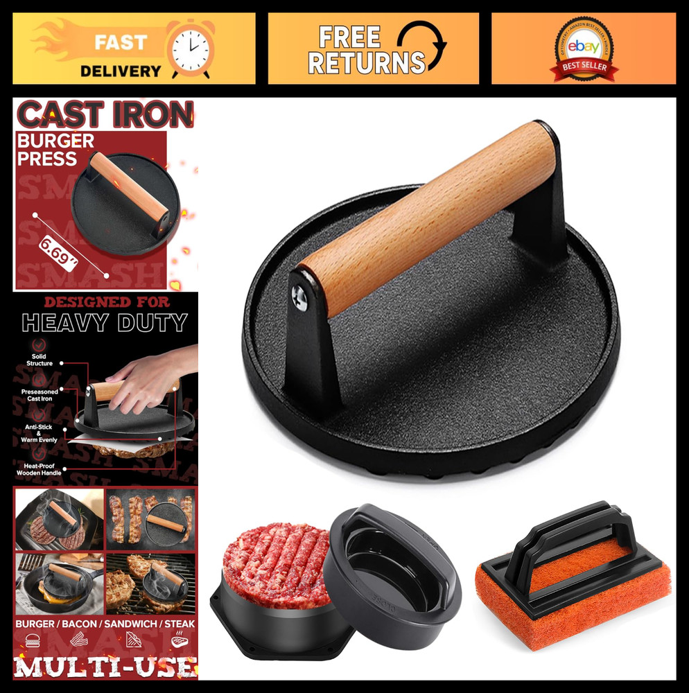 Heavy-Duty Cast Iron Burger Press Kit, 3-in-1 Patty Maker & Grill Tool Set