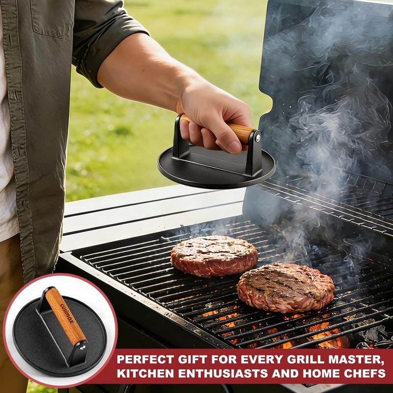 6.3"Cast Iron Smashed Burger Press Heavy-Duty Smasher with Wood Grip Round Flat gallery