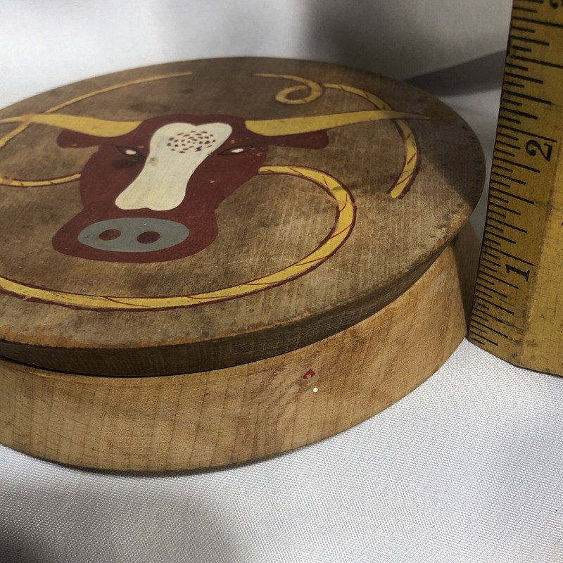 Vtg Burger Press Steer Bull Cow Horns Lariat Wood 5.5” Diameter Wallhanging/344m gallery