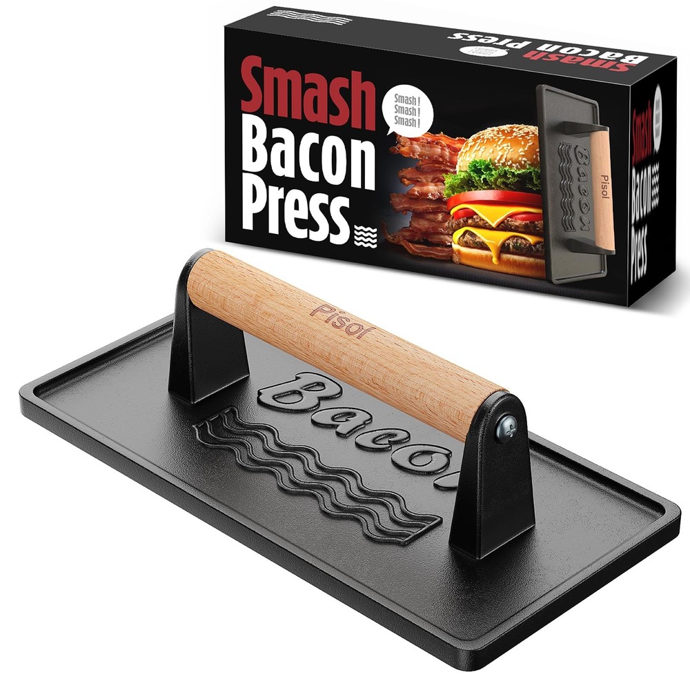 Bacon Press Smash Burger Press, Pre-Seasoned Cast Iron Hamburger, 2 lb Heavy-...