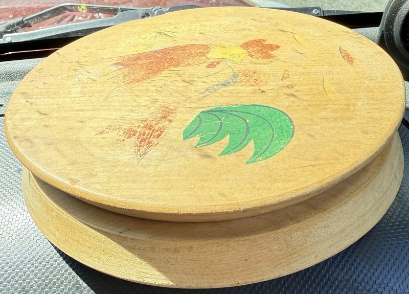 Wooden Hinged Round Hamburger / Patty Press Painted Roosters Vintage Japan gallery