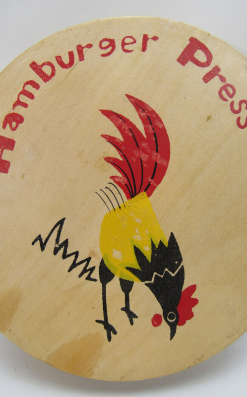 Vintage Wooden Hamburger Press with ROOSTER / CHICKEN - Hand Painted in Japan gallery