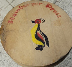 Wood Hamburger Press Single Patty Maker w/ Hinged Lid Bird Design Large 7 in