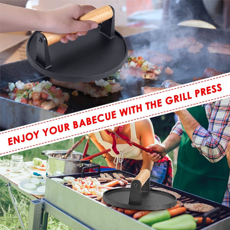Single Cast Iron Grill Press Heavy Duty 7In Bacon Burger Press with Wooden Ha... gallery
