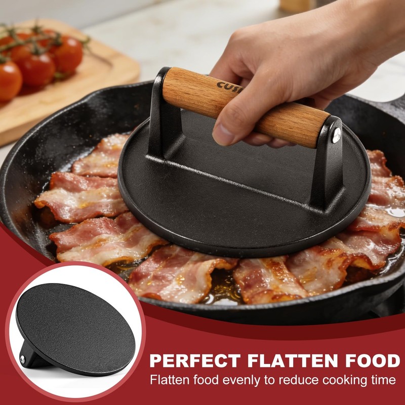 6.3"Cast Iron Smashed Burger Press Heavy-Duty Smasher with Wood Grip Round Flat gallery