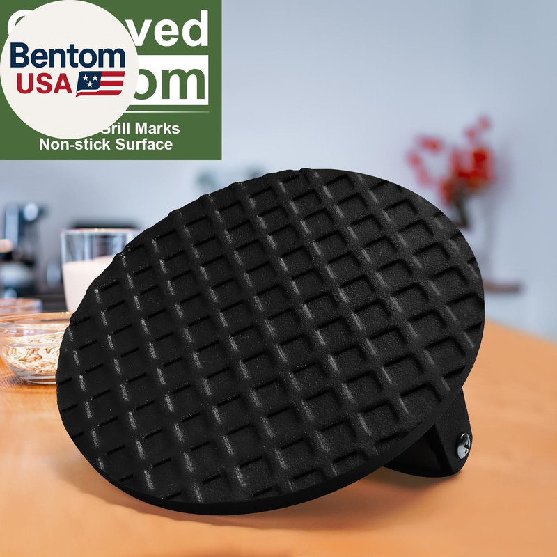 Burger Press, 7" round Heavy-Duty Cast Iron Smash Bacon Press Meat Steak with Wo gallery