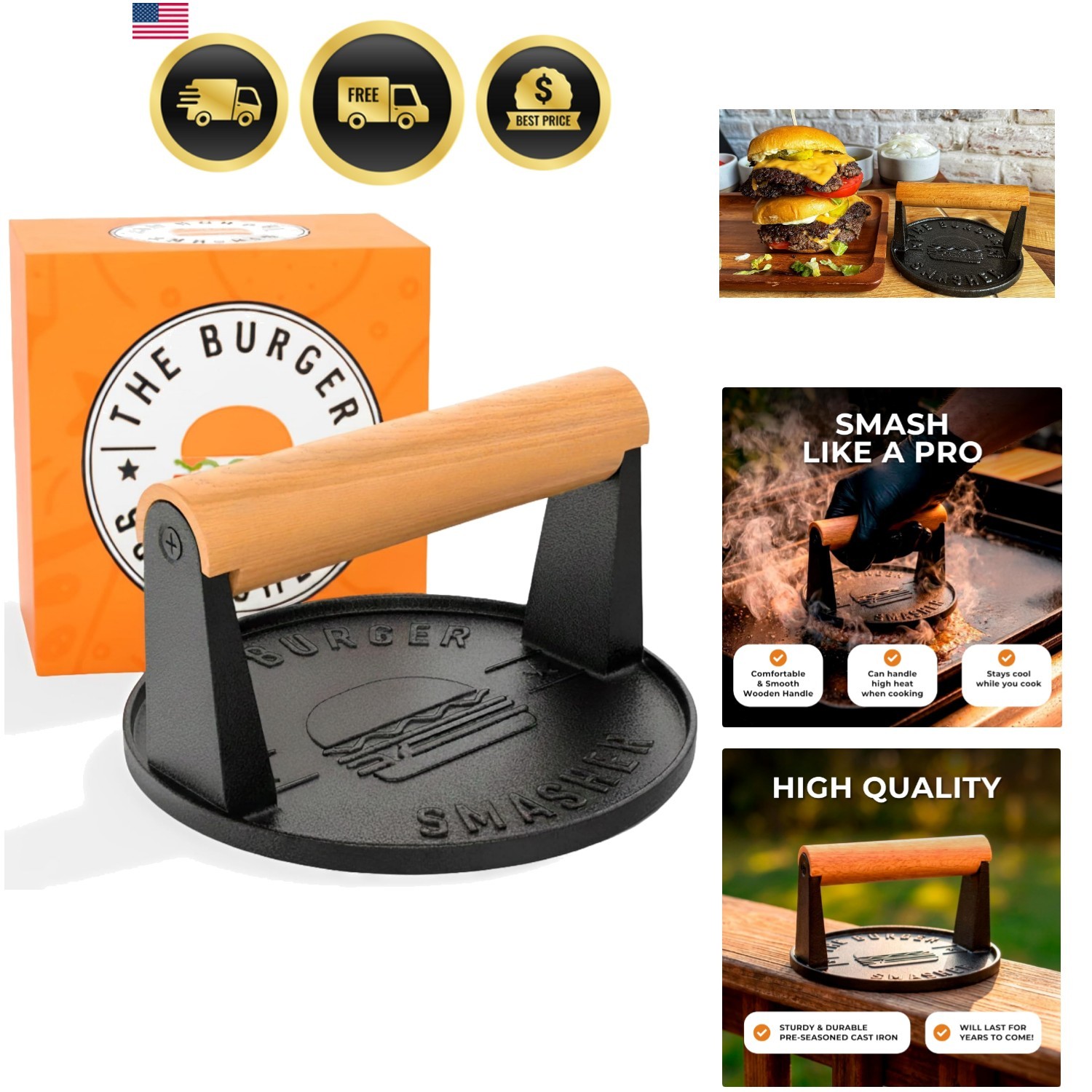 Pre-Seasoned Heavy Duty Cast Iron Smash Burger Press Kit - Heat Resistant Bur... gallery