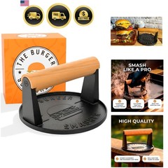 Pre-Seasoned Heavy Duty Cast Iron Smash Burger Press Kit – Heat Resistant Bur…