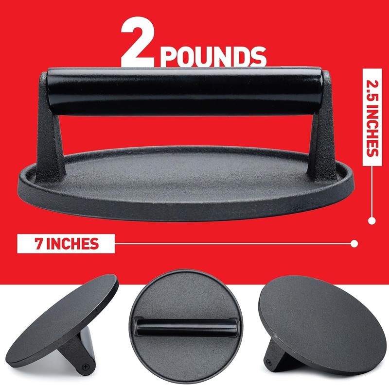 Ultimate Smash Burger Press Kit - 7'' Cast Iron Press with Melting Dome & Papers gallery