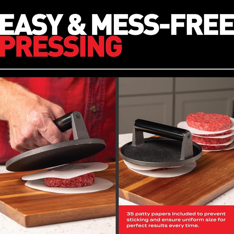 Ultimate Smash Burger Press Kit - 7'' Cast Iron Press with Melting Dome & Papers gallery