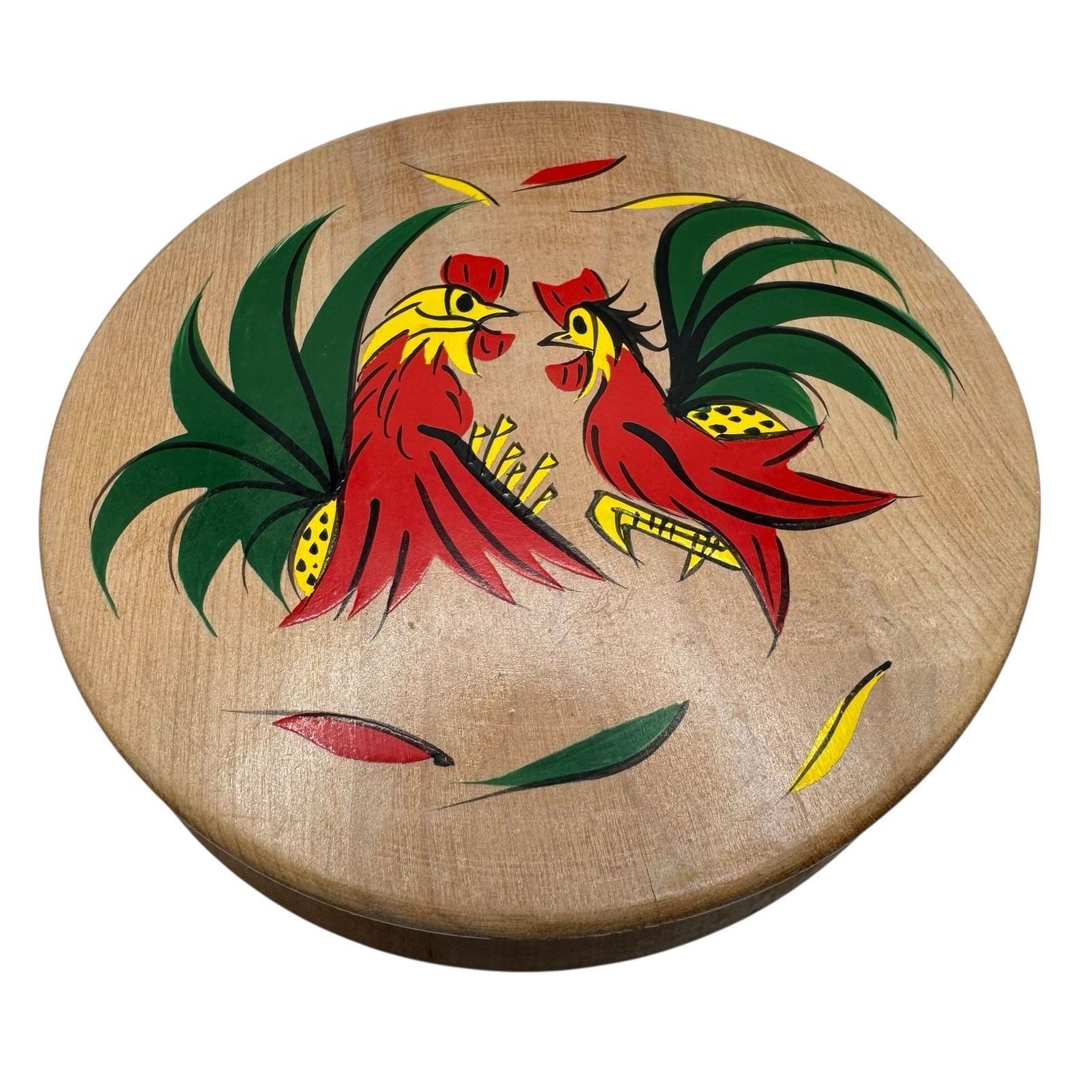 Vintage Fighting Roosters Hamburger Press Wood Hinged MCM Folk Art Kitchen Decor gallery
