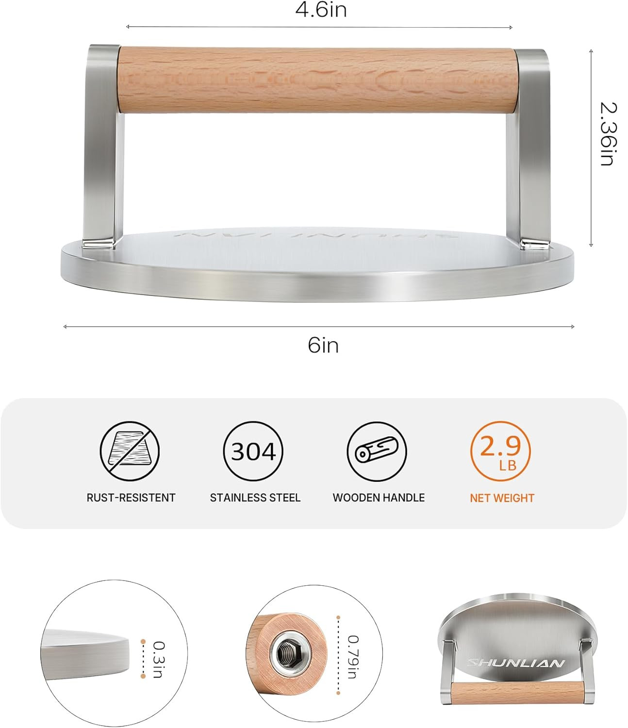 Smash Burger Press, 6 Inch Non-Stick Heavy Duty Hamburger Smasher Tool, 2.9Lb An gallery