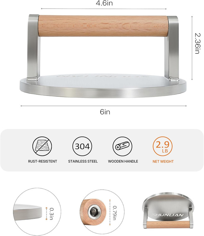 Smash Burger Press, 6 Inch Non-Stick Heavy Duty Hamburger Smasher Tool, 2.9Lb An gallery