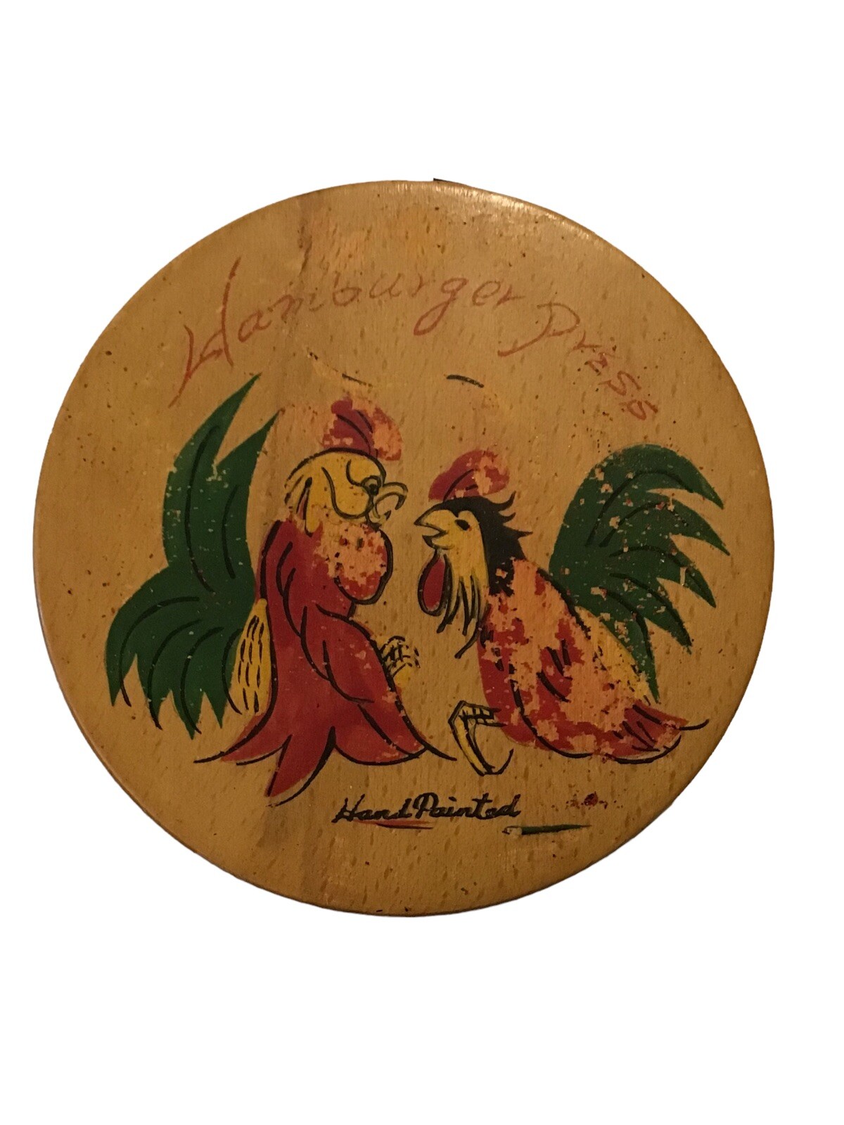 Vintage Roosters Chickens Round Wooden Hamburger Press Hand Painted gallery