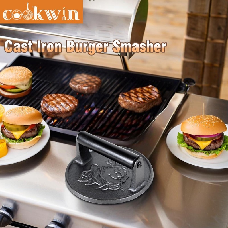 COOKWIN 7" Cast Iron Smash Burger Press Kit, Heavy-Duty 7 inch Black gallery