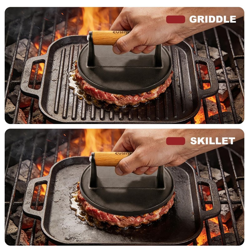 6.3"Cast Iron Smashed Burger Press Heavy-Duty Smasher with Wood Grip Round Flat gallery