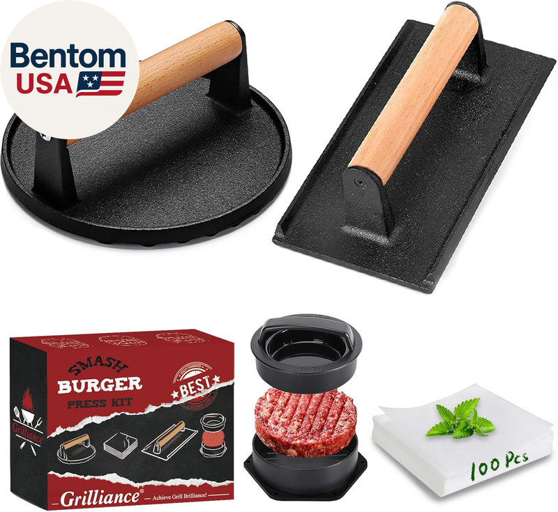 Smash Burger Press Kit, 3 in 1 Hamburger Press Patty Maker, Black Cast Iron Burg gallery