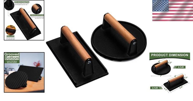 Heavy-Duty Cast Iron Burger Press - 7" Round & 8.2" Rectangle for Perfect Meats gallery