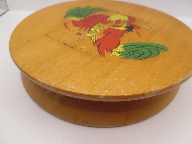 Vtg. Round Wood Hamburger Press - Rooster Applique Hinged Hamburger Patty Press gallery