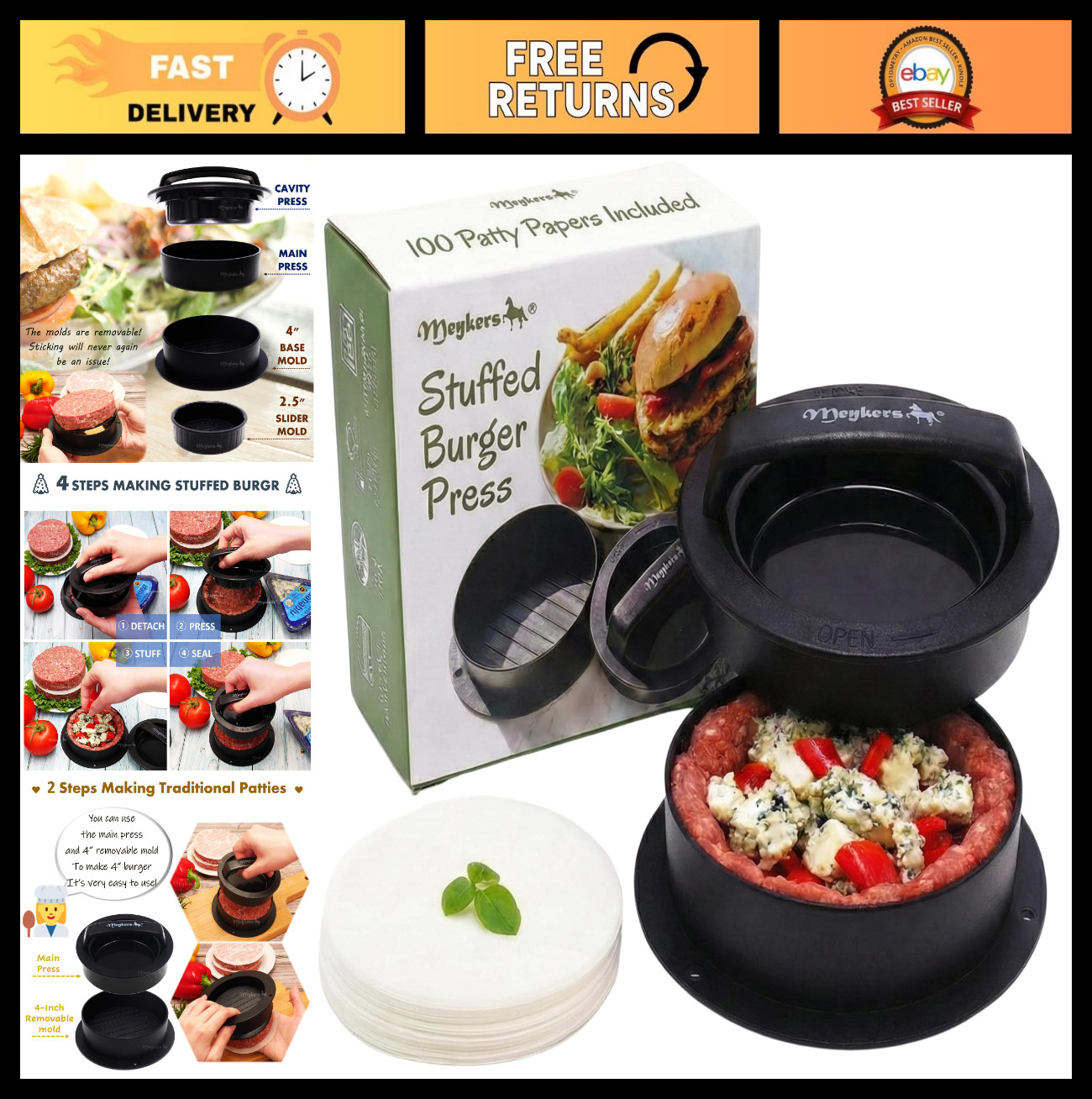 3-in-1 Burger Press Patty Maker with Non-Stick Mold & 100 Wax Papers for Sliders gallery