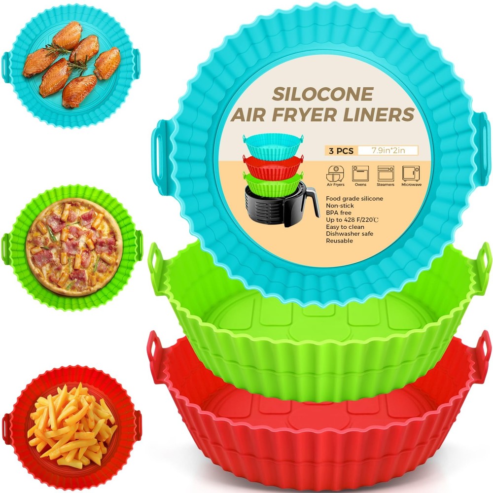 Buauty 3 Pack Air Fryer 7.9*7.9*2 inch, 8" Round 3 Pack: Blue+Green+Red