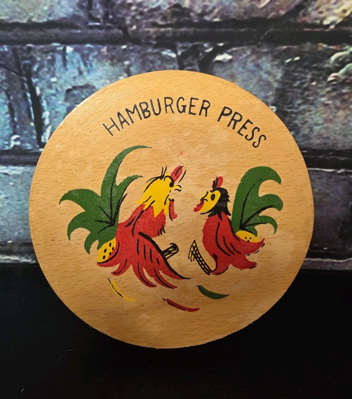 Wood Hamburger Round Press 7" Vintage Painted Roosters Hinged Primitive gallery